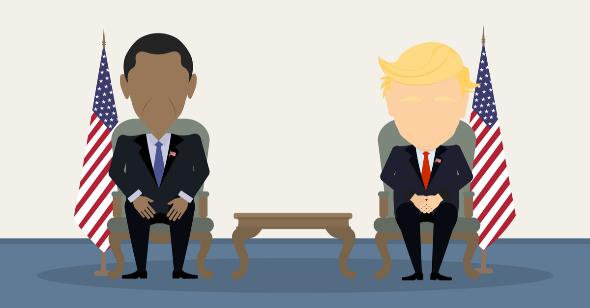 Cartoonized depiction of Presidents Obama and Trump