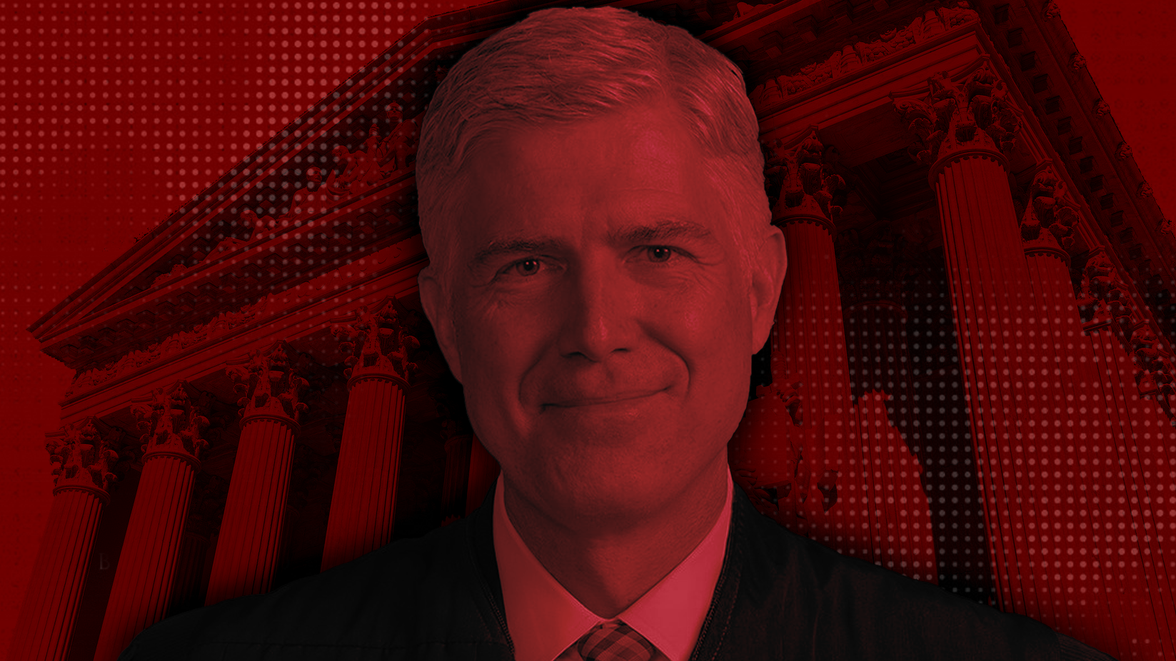 Edited photo of Neil Gorusch in front of the SCOTUS with a red overtone.