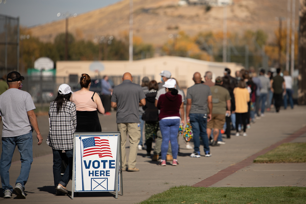 Voters wait in a long line at the polls.